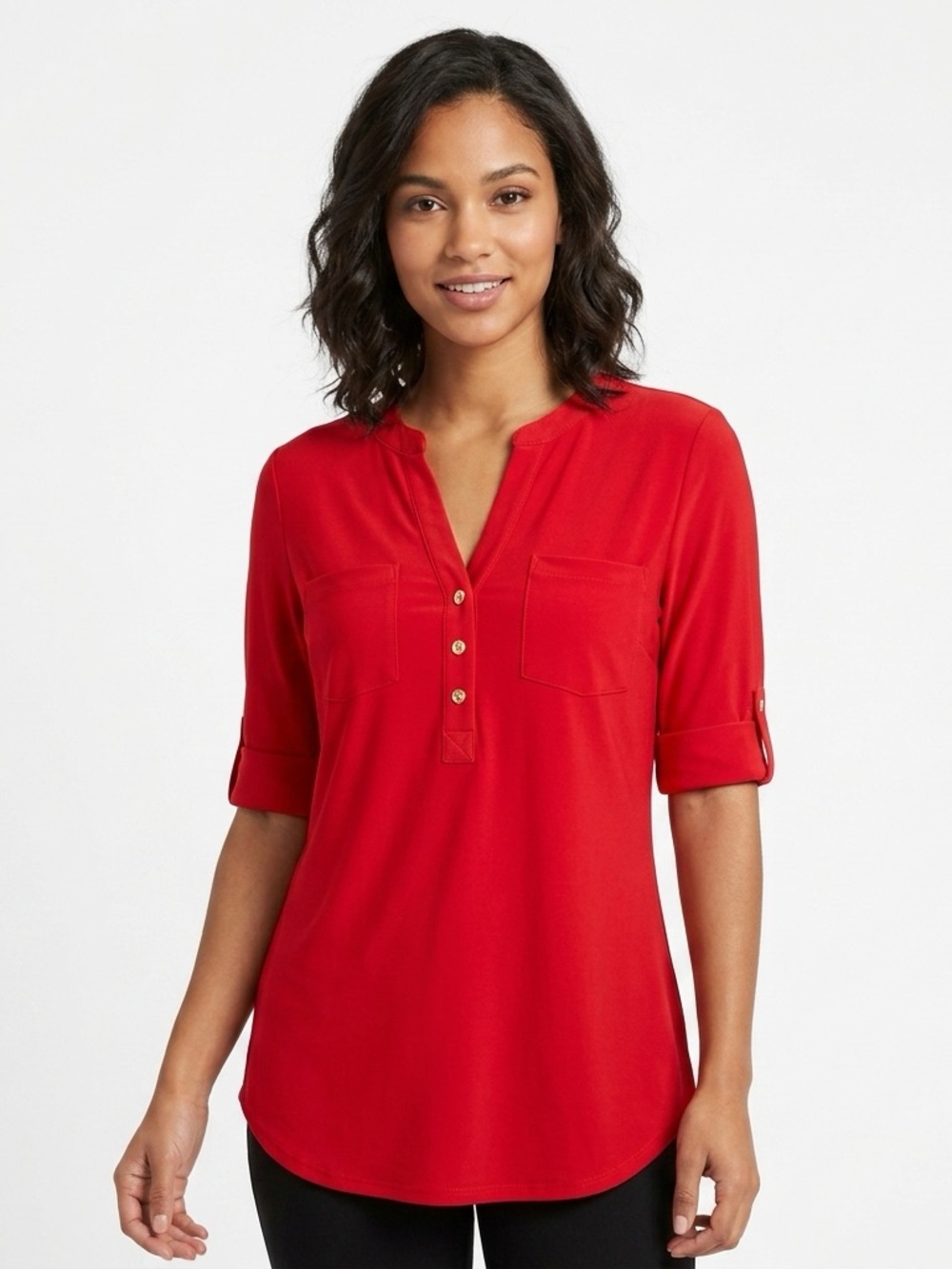 Anne Klein Red Split Neck Utility Pocket Top 3/4 Roll Tab Sleeve (size - small)